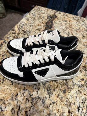 Prada Black and White Patent Leather Low-Top Sneakers Downtown